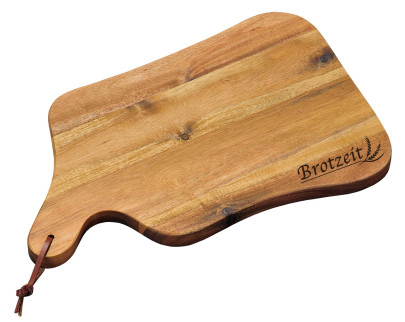 Kesper Schneid-& Servierbrett mit Einbrand "Brotzeit", 35 x 22 x 1,8 cm, aus FSC-zertifiziertem Akazienholz, mit Hängeöse, geschwungene Form 