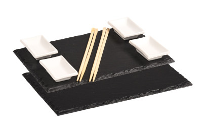 Kesper Shushi Servierplatten aus Schiefer, mit 4 Dipschalen & 4 Stäbchen, super Geschenkidee, Servierplatten 30 x 20 cm 