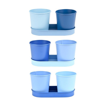 Rivanto® Blautöne 2er Blumentopf Set auf Tray, Länge 18,5 cm aus Zink, farbig sortiert, 2 x 350 ml, Pflanztopf Set, Blumentopf Untersetzer 