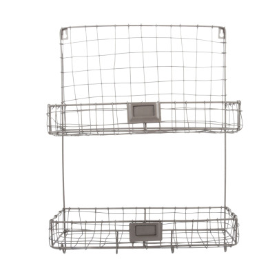 Rivanto® Drahtkorb Wandhalterung mit 2 Fächer und 4 Aufhänge-Haken, 39,5 x 14 x 52 cm, aus Eisen, Montage-Lochung, Gartengeräte Aufbewahrung 