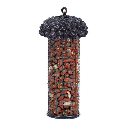 Rivanto® Eichel-Futtersilo H28 x Ø 10,5 cm, Futterstation, Gittersäule mit Dach in Eicheloptik, hängend, leicht befüllbar, Wildvogel Futterstelle 