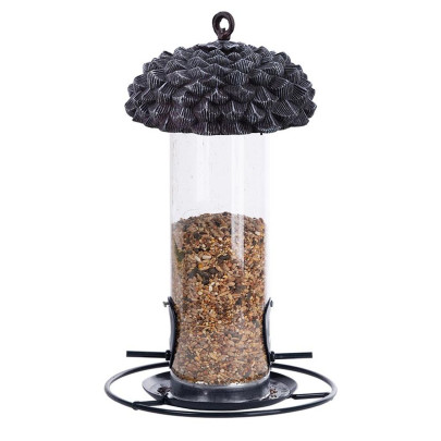 Rivanto® Eichel-Futtersilo H28 x Ø 10,5 cm, Futterstation, Plexiglas Säule mit Dach in Eicheloptik, hängend, leicht befüllbar, Wildvogel Futterstelle 