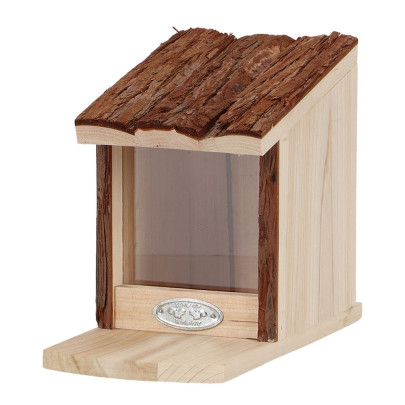 Rivanto® Eichhörnchen Futterhaus mit Rindendach, 18 x 22 x 12 cm, Tannenholz, Nistkasten mit durchsichtiger Front zum Tiere beobachten, Futterstation 