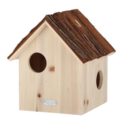 Rivanto® Eichhörnchen Futterhaus mit Rindendach, 25 x 26 x 29 cm, Tannenholz, Nistkasten mit 2 Öffnungen, Futterstation 