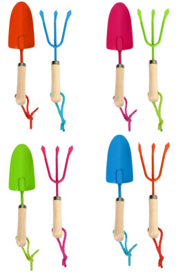 Rivanto® Kinder Gartenschaufel und Harke, Gartenwerkzeug Set für Kinder, Holzstiel mit Metallaufsatz, Aufhängeöse, trendige Farben, farbig sortiert 
