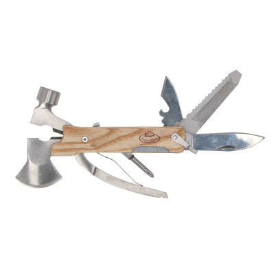 Rivanto® Multitool-Hammer 15 cm aus Edelstahl mit Holzgriff Eschenholz, Gartenwerkzeug, Taschenmesser mit Säge, Flaschenöffner, Schraubenzieher 