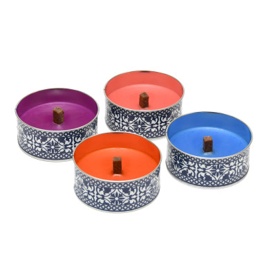 Rivanto® Portugiesische Kerze in Dose, Ø 10 x H4,5 cm, farbig sortiert, Farbwahl nicht möglich, lila/pink/orange/blau, Wachskerze in Blechdose 