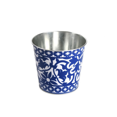 Rivanto® Portugiesischer Blumentopf aus Metall, Ø 7 x Höhe 12 cm, blau-weiß Design, Blumenschale, Pflanztopf 