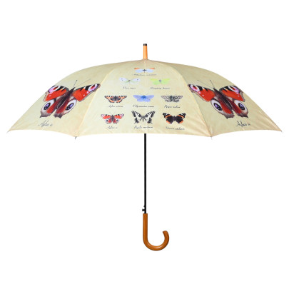 Rivanto® Regenschirm Schmetterlingssammlung, Ø 120 cm, Höhe 95 cm, Holzoptik-Griff, Grundfarbe beige mit Schmetterlingsabbildungen, Metallgestänge 
