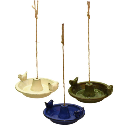 Rivanto® Vogelbad Keramik hängend, rund, farbig sortiert, aus Terracotta/Hanfseil, 30 x 27,6 x 10,2 cm, Vogelfutter-Station, Vogel Badewanne 