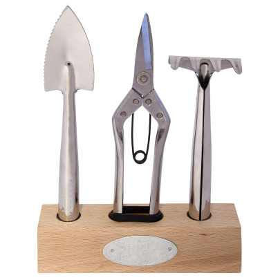 Rivanto® Zimmerpflanzen-Geräteset mit Holzsockel zur Aufbewahrung, aus Edelstahl/Buchenholz/Kunststoff/Gummi, 16,5 x 4 x 23,5 cm, 