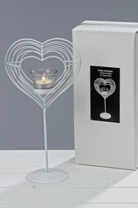 Windlicht, Teelichthalter in Herzform auf Fuß in weiß aus Metall mit Glaseinsatz, 1 Stück, ca. 18 cm x 10 cm x 33 cm 