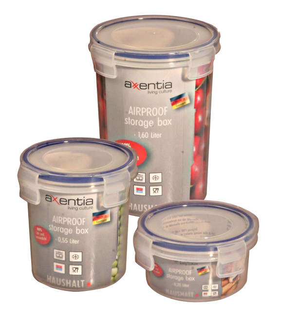AXENTIA 3er Set Vorratsdosen Airproof, Frischhalteboxen, transparent, rund mit 0,25 Liter, 0,55 Liter und 1,6 Liter, Set von Danto®