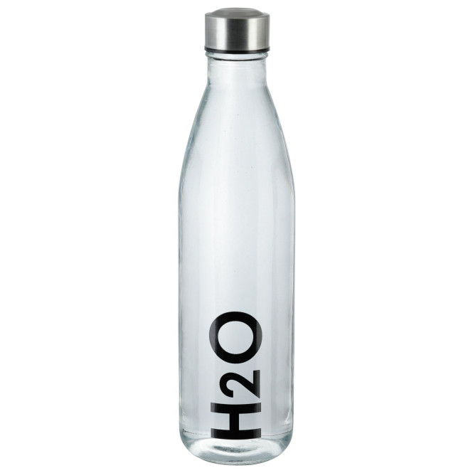 AXENTIA Glas Trinkflasche H2O 1000 ml, Borosilikatglas mit Edelstahl-Deckel, transparente Flasche mit schwarzem H2O -Aufdruck, Wasserflasche für Büro
