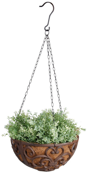 Esschert Design Blumenampel, Hängekorb aus Gusseisen mit Kokoseinlage, Größe L, Ø ca. 30 cm