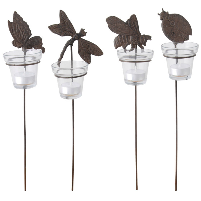 3 Stück Esschert Design Gartenlicht, Teelichthalter Motiv Insekten, mit Erdstab und Glaseinsatz, sortiert, ca. 8,5 cm x 9 cm x 42 cm