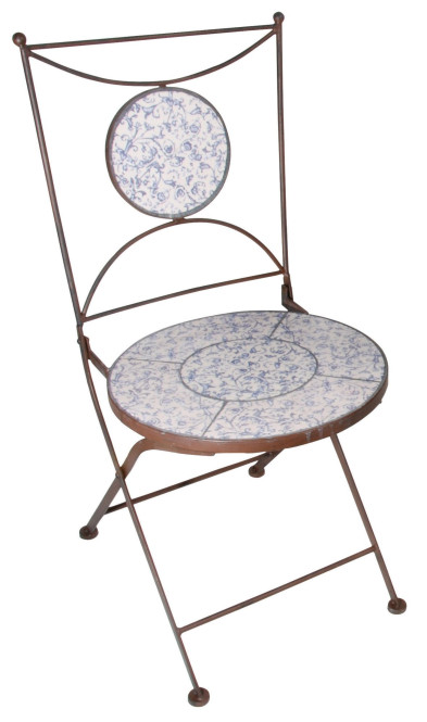 2 Stück Esschert Design Gartenstuhl mit Sitzfläche und Rückteil (Teil davon) aus Keramik in blau-weiß, ca. 42 cm x 54 cm x 89 cm