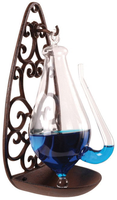 2 Stück Esschert Design Glasbarometer mit blauer Flüssigkeit, aus Gusseisenhalterung, für Wandmontage, 14 x 12 x 28 cm