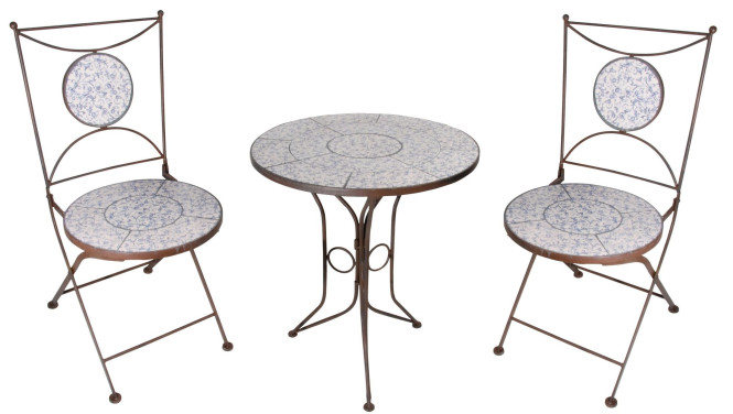 Esschert Design Set: Gartentisch mit blau-weißer Keramik Oberfläche, ca. 60 cm x 60 cm x 70 cm, 2 Gartenstühle mit Keramik Sitzfläche und Rückteil