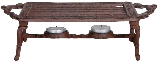 Esschert Design Stövchen, Warmhalteplatte im antik Design, 2 Teelichter, aus Gusseisen, in braun, ca. 31 cm x 13 cm x 9,4 cm