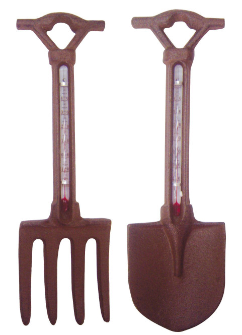 2 Stück Esschert Design Thermometer, Temperaturmesser Motiv Gabel oder Schaufel aus Gusseisen, sortiert, ca. 7 cm x 23,6 cm