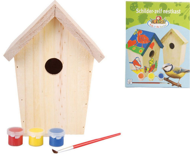 5 Stück Esschert Design Vogelhaus, Vogelfutterhaus zum bemalen, ideal für Kinder, ca. 15 cm x 15 cm x 23 cm