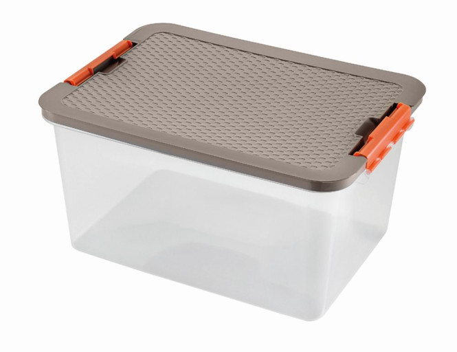 2 Stück HEIDRUN Systembox, Aufbewahrungsbox, Ordnungsbox, 52 x 37 x 27 cm, mit farbig sortiertem Deckel in Rattanoptik, 38 l, aus Kunststoff