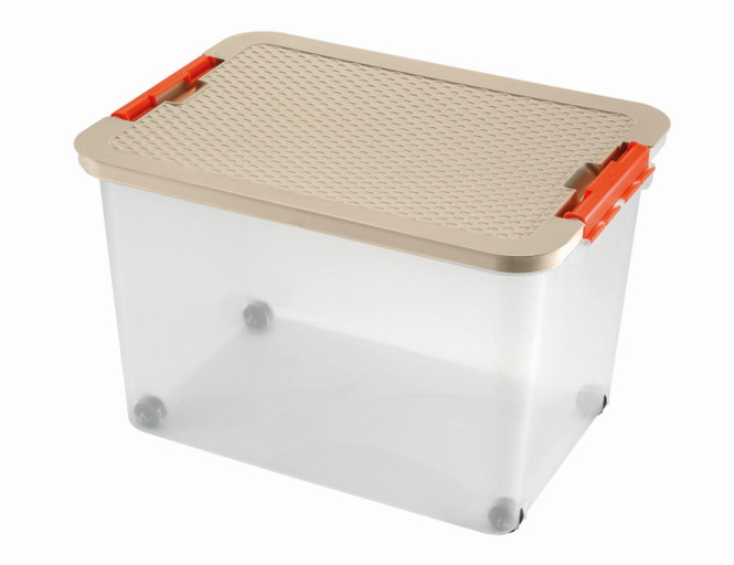 2 Stück HEIDRUN Rollerbox, Aufbewahrungsbox, Ordnungsbox, 52 x 37 x 34 cm, mit farbig sortiertem Deckel in Rattanoptik, mit 4 Rollen, 45 l, aus Kunsts