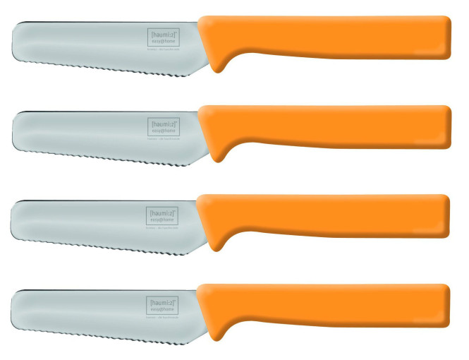 4 Stück homiez Frühstücksmesser KNIFE orange, Brötchenmesser, Tafelmesser, Brotzeitmesser, Wellenschliff, Soft-Griff