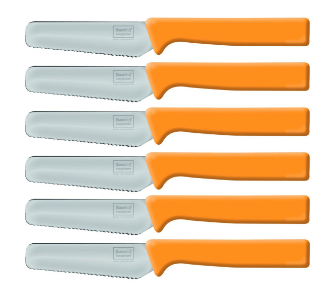 6 Stück homiez Frühstücksmesser KNIFE orange, Brötchenmesser, Tafelmesser, Brotzeitmesser, Wellenschliff, Soft-Griff