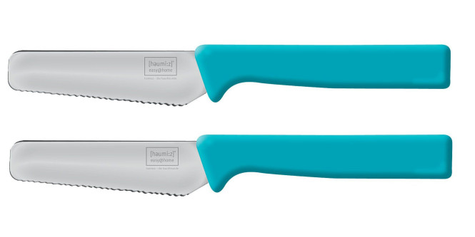 2 Stück homiez Frühstücksmesser KNIFE blau, Brötchenmesser, Tafelmesser, Brotzeitmesser, Wellenschliff, Soft-Griff