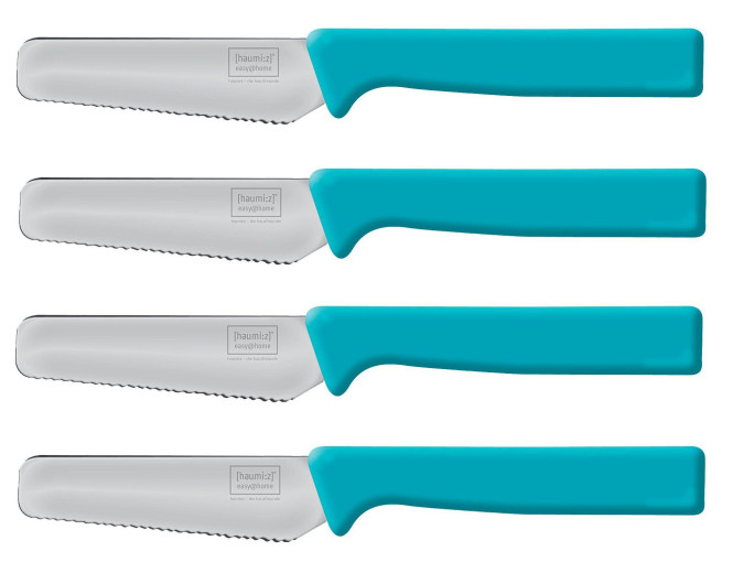 4 Stück homiez Frühstücksmesser KNIFE blau, Brötchenmesser, Tafelmesser, Brotzeitmesser, Wellenschliff, Soft-Griff