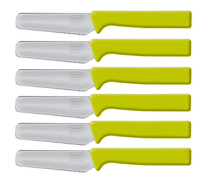 6 Stück homiez Frühstücksmesser KNIFE grün, Brötchenmesser, Tafelmesser, Brotzeitmesser, Wellenschliff, Soft-Griff