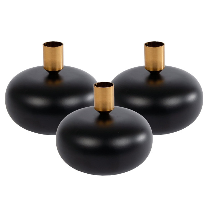 3 Stück Rivanto® Kerzenhalter Maya Kugel L schwarz/gold Ø12 x 10 cm Metall-Kerzenständer für Kerzen Ø 2,1 cm, Tisch-Deko