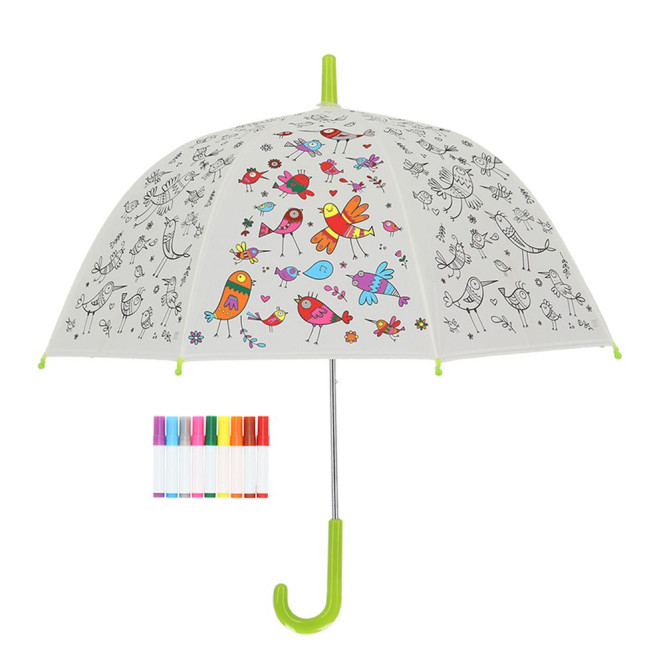 Rivanto® Kinder Regenschirm Ø 70,5 zum selbst Ausmalen, Motiv Vögel , Ausmalregenschirm, Do-It-Yourself Kinderschirm