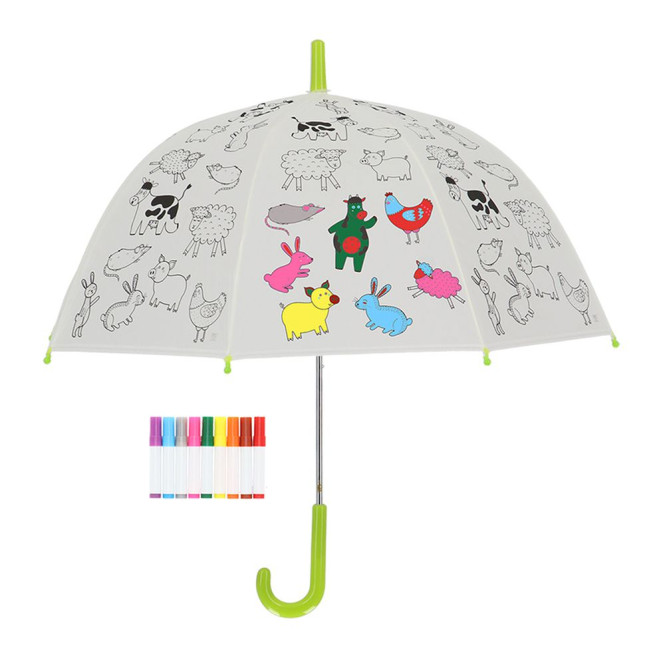Rivanto® Kinder Regenschirm Ø 70,5 zum selbst Ausmalen, Motiv Bauernhof , Ausmalregenschirm, Do-It-Yourself Kinderschirm