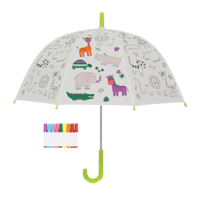 Rivanto® Kinder Regenschirm Ø 70,5 zum selbst Ausmalen, Motiv Djungel , Ausmalregenschirm, Do-It-Yourself Kinderschirm