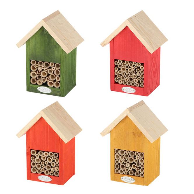 Rivanto® Naturtöne Bienenhaus aus Kiefernholz, H23 x 16 x 12 cm, 1 Stück buntes Insektenhotel mit Nisthülsen aus Bambus