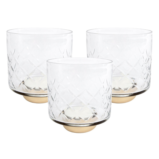 3 Stück Rivanto® Teelichthalter Ria Teelichtständer im klassischen Design Größe M Maße 11,5x11,5x13 cm farblos | gold Glas | Metall