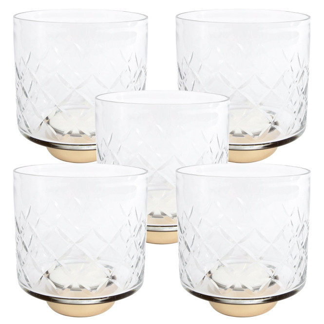 5 Stück Rivanto® Teelichthalter Ria Teelichtständer im klassischen Design Größe M Maße 11,5x11,5x13 cm farblos | gold Glas | Metall