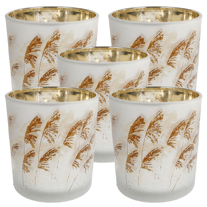5 Stück Rivanto® Teelichthalter Straw Teelichtständer im modernen Design S 7,5x7,5x8 cm grau gold Glas