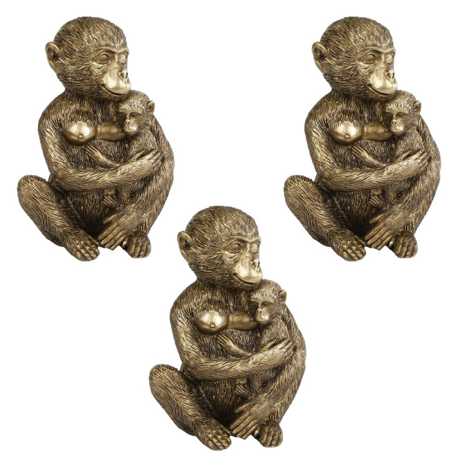 3 Stück Rivanto® Skulptur Monkey with cub gold Polystone 13x9x15cm