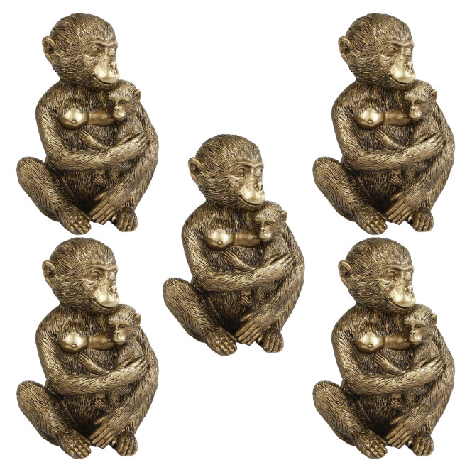 5 Stück Rivanto® Skulptur Monkey with cub gold Polystone 13x9x15cm