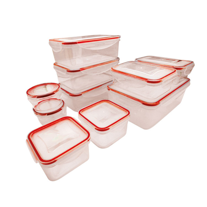 Steuber 10er Set Kunststoff Frischhaltedosen mit Deckel, rote Silikondichtung, hitzebeständige Aufbewahrungsboxen rund, rechteckig, quadratisch