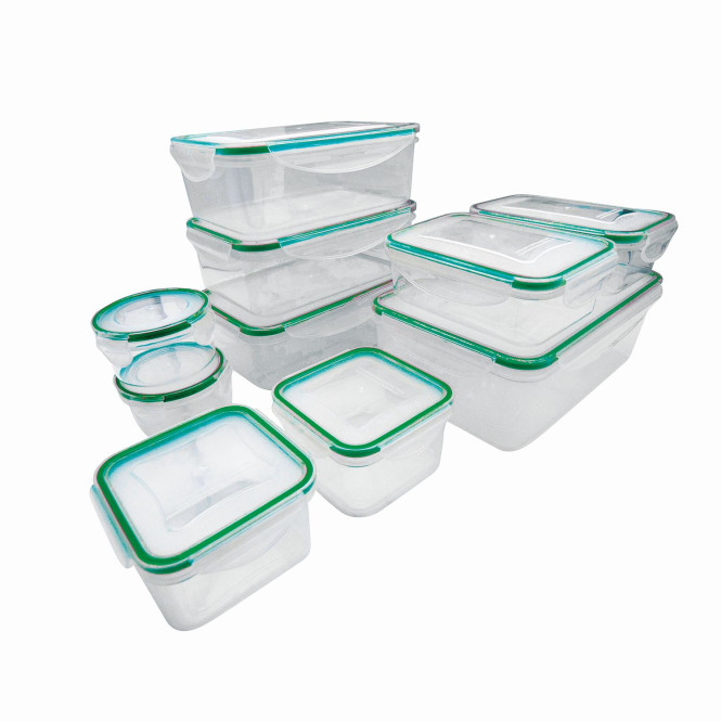 Steuber 10er Set Kunststoff Frischhaltedosen mit Deckel, grüne Silikondichtung, hitzebeständige Aufbewahrungsboxen rund, rechteckig, quadratisch